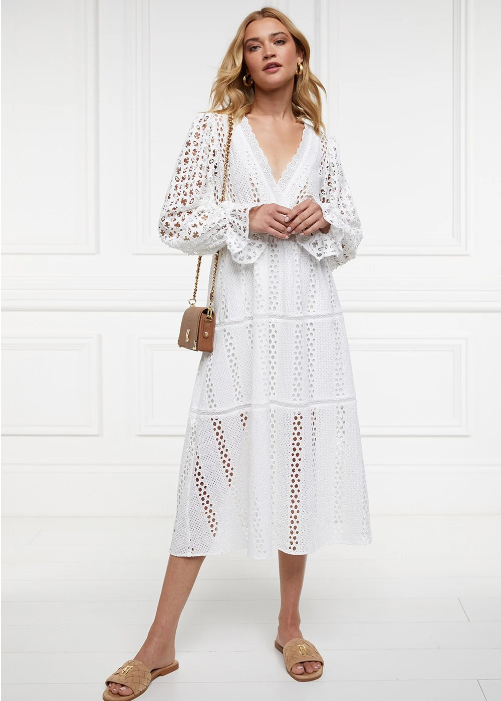 Broderie Lace V-Neck Midi Dress