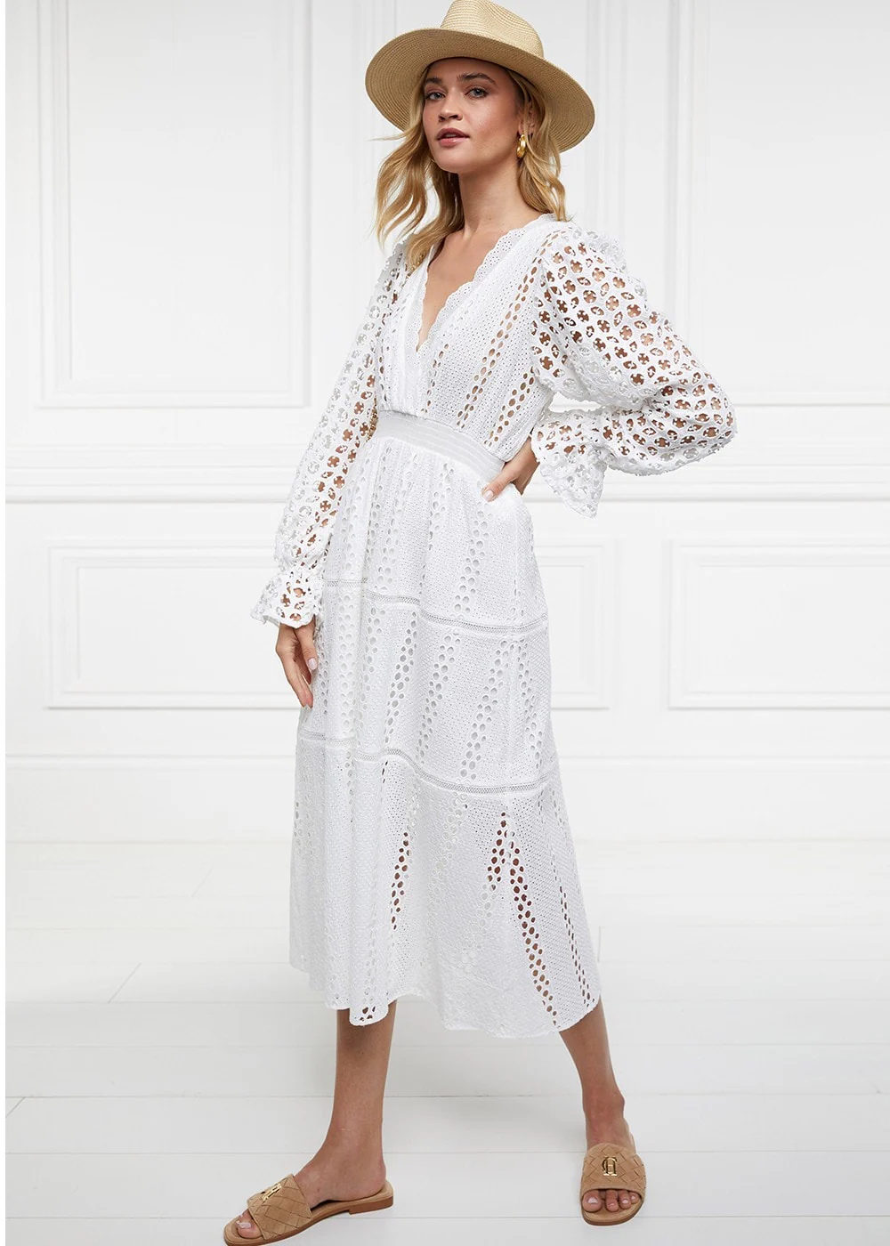 Broderie Lace V-Neck Midi Dress - Image 3